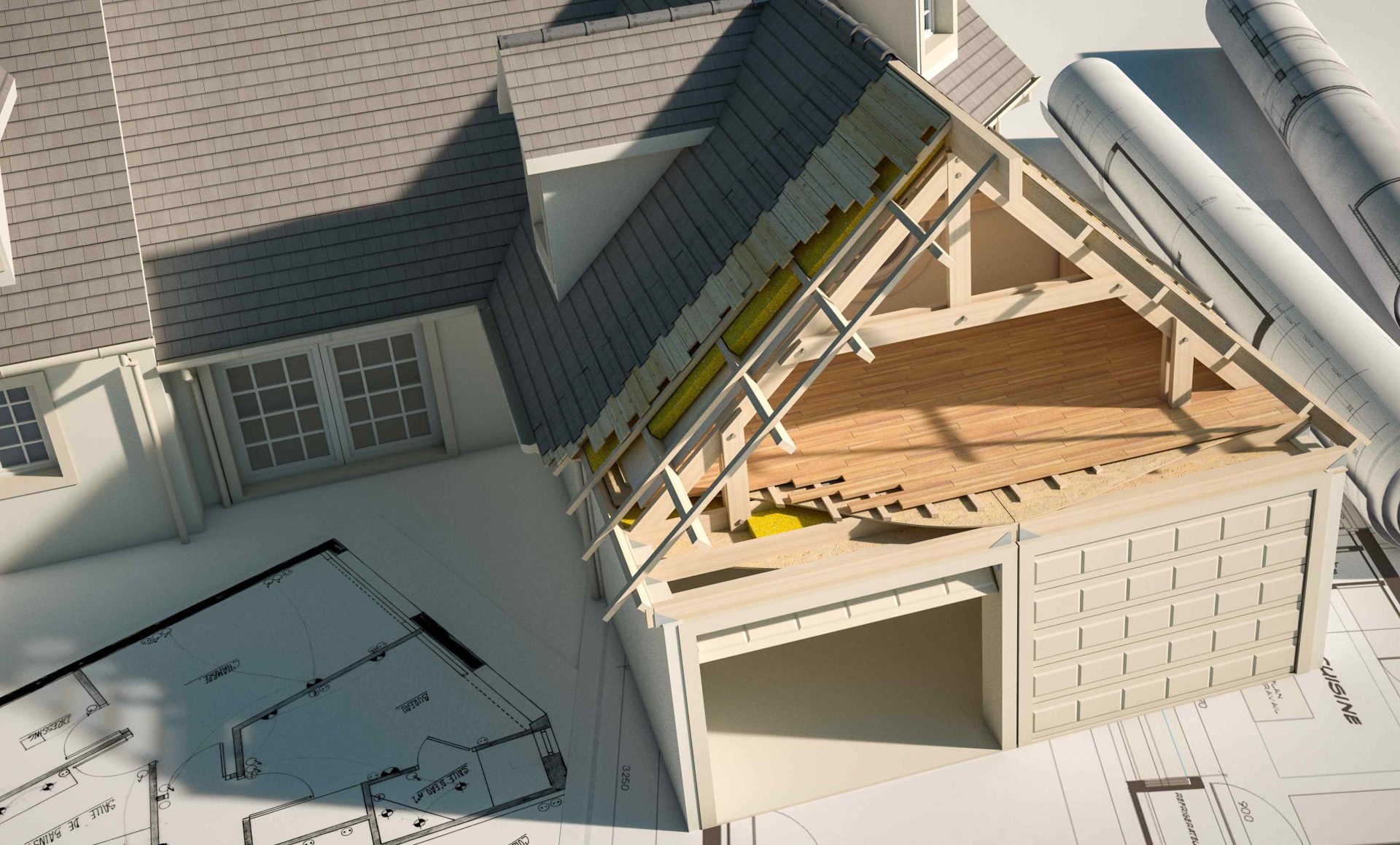 Illustration eines Einfamilienhauses, das auf einem Bauplan steht und dessen Dach halb eingedeckt ist