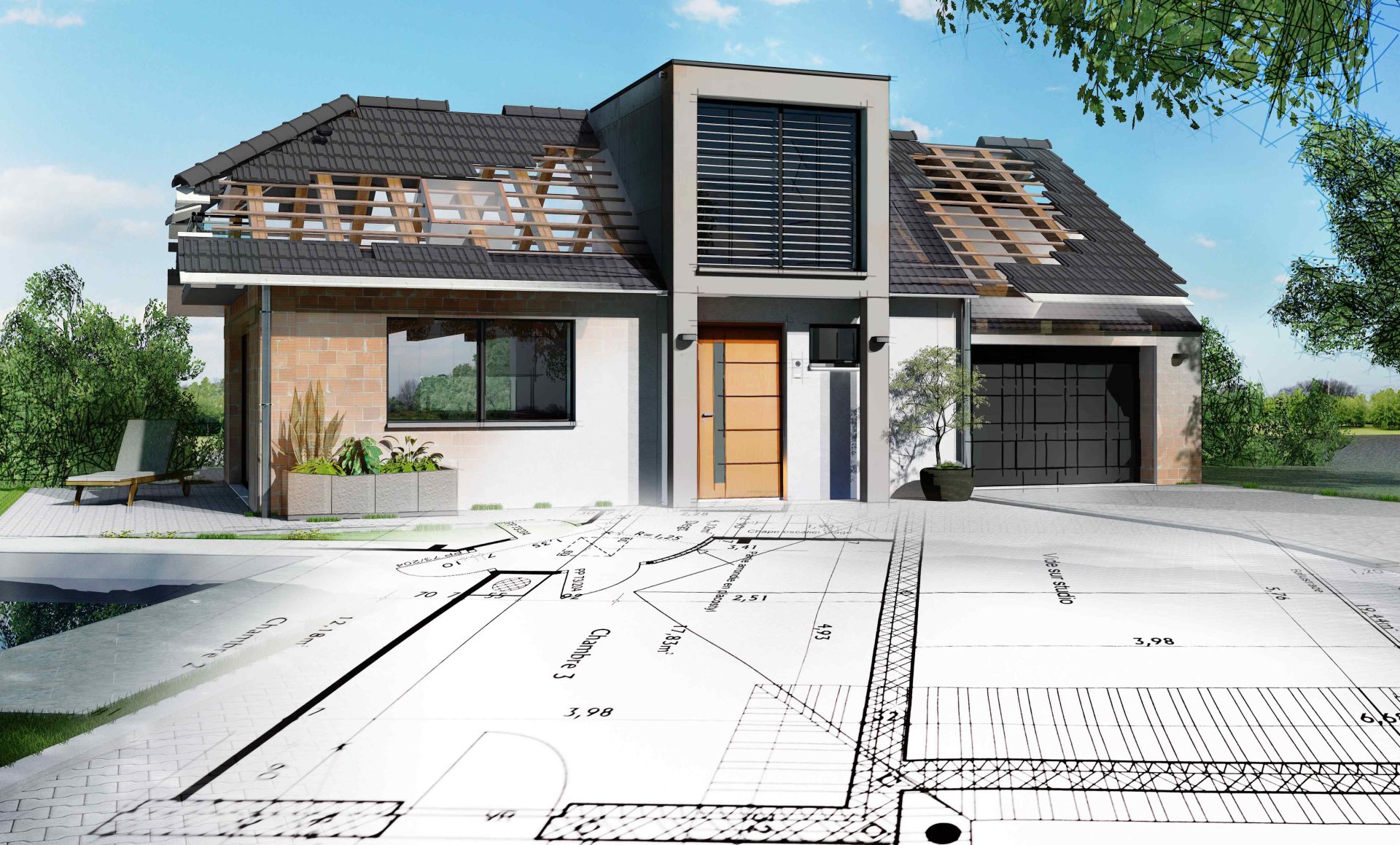 Illustration eines Einfamilienhauses, das von einer Skizze in ein Foto überblendet